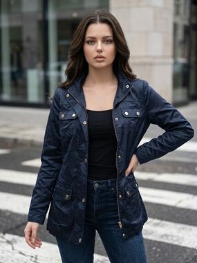 La Moda Women's Navy Lightweight Utility Jacket with Snap Pockets